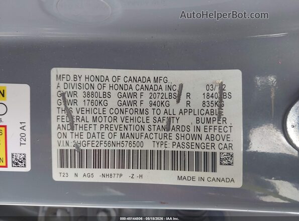 2HGFE2F56NH576500 2022 HONDA CIVIC Gray Engine compartment view