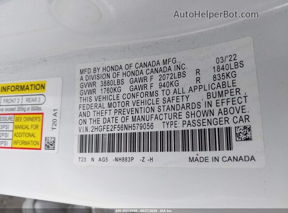 2HGFE2F56NH579056 2022 HONDA CIVIC White 
