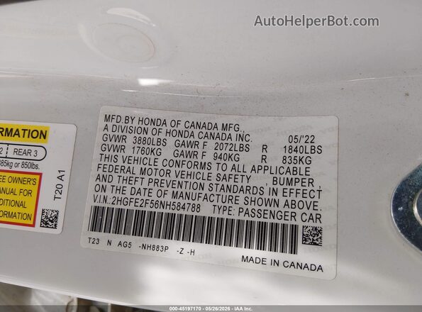 2HGFE2F56NH584788 2022 HONDA CIVIC White Widok komory silnika