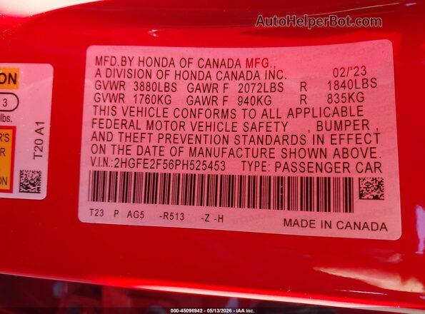 2HGFE2F56PH525453 2023 HONDA CIVIC Red ძრავის განყოფილების ხედი