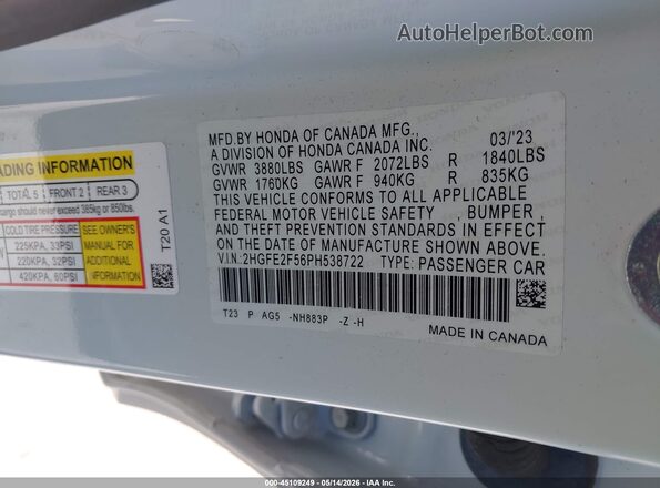 2HGFE2F56PH538722 2023 HONDA CIVIC White Вид підкапотного простору