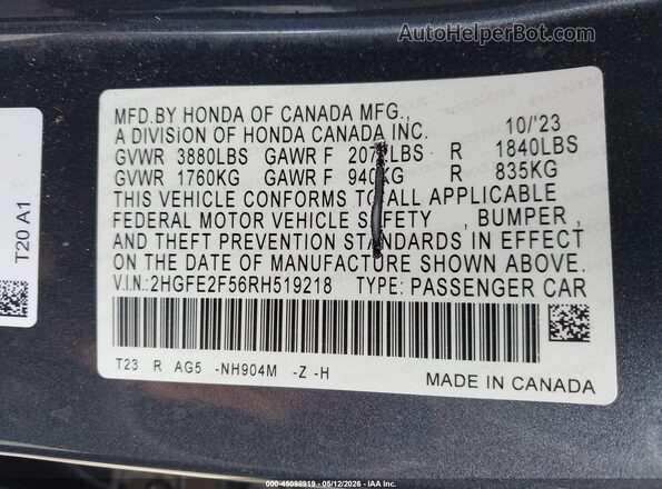 2HGFE2F56RH519218 2024 HONDA CIVIC Gray ძრავის განყოფილების ხედი