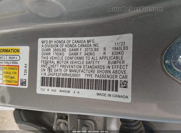 2HGFE2F56RH526931 2024 HONDA CIVIC Silver Widok komory silnika