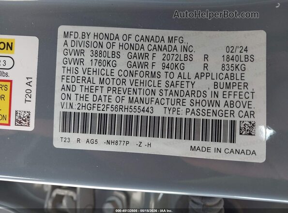 2HGFE2F56RH555443 2024 HONDA CIVIC Light Blue ძრავის განყოფილების ხედი