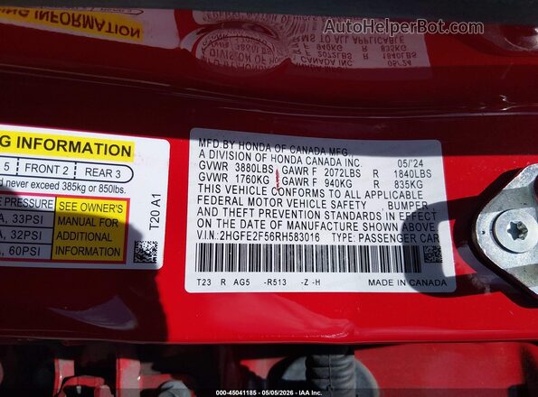 2HGFE2F56RH583016 2024 HONDA CIVIC Red Engine compartment view