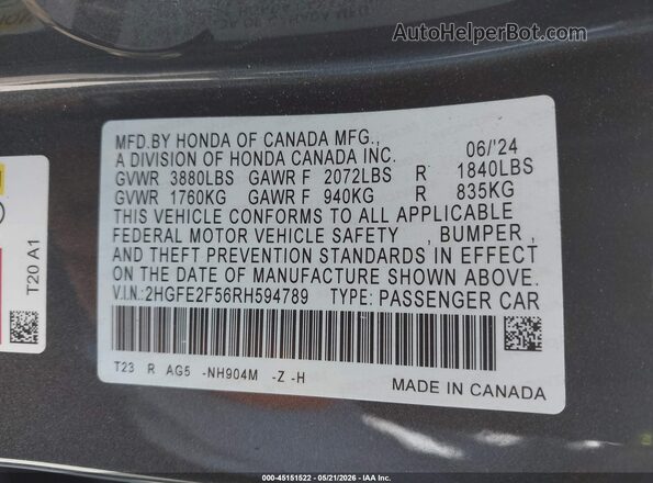 2HGFE2F56RH594789 2024 HONDA CIVIC Black Vista del compartimento del motor