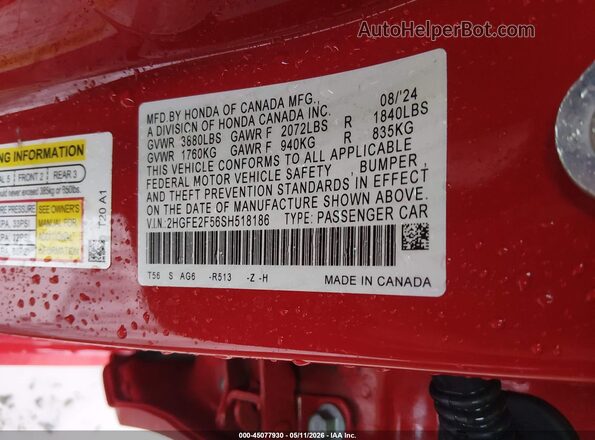 2HGFE2F56SH518186 2025 HONDA CIVIC Red Շարժիչի բաժամունքի տեսք
