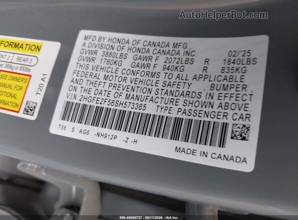 2HGFE2F56SH573365 2025 HONDA CIVIC Gray Շարժիչի բաժամունքի տեսք