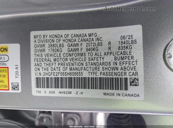 2HGFE2F56SH606655 2025 HONDA CIVIC Silver Вид підкапотного простору