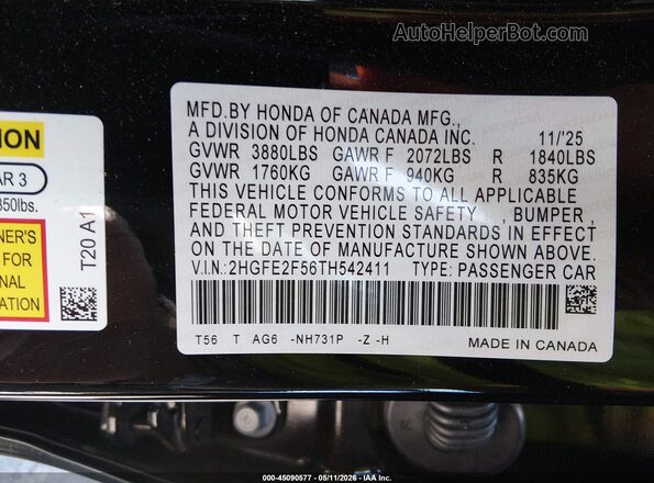 2HGFE2F56TH542411 2026 HONDA CIVIC Black Engine compartment view