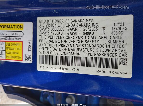 2HGFE2F57NH558104 2022 HONDA CIVIC Blue Вид підкапотного простору