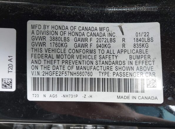 2HGFE2F57NH560760 2022 HONDA CIVIC Black Вид підкапотного простору