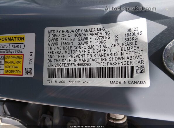2HGFE2F57NH598263 2022 HONDA CIVIC Light Blue Շարժիչի բաժամունքի տեսք