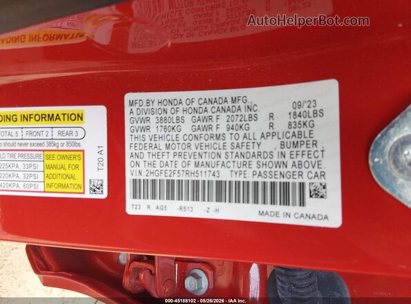 2HGFE2F57RH511743 2024 HONDA CIVIC Red Շարժիչի բաժամունքի տեսք