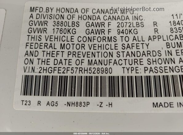 2HGFE2F57RH528980 2024 HONDA CIVIC White ძრავის განყოფილების ხედი