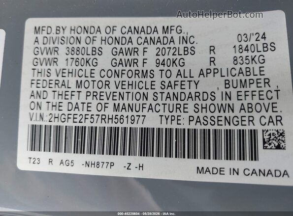 2HGFE2F57RH561977 2024 HONDA CIVIC Gray Widok komory silnika