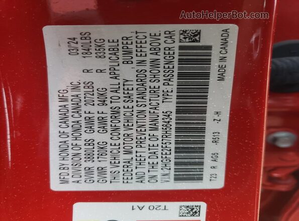 2HGFE2F57RH564345 2024 HONDA CIVIC Red Շարժիչի բաժամունքի տեսք
