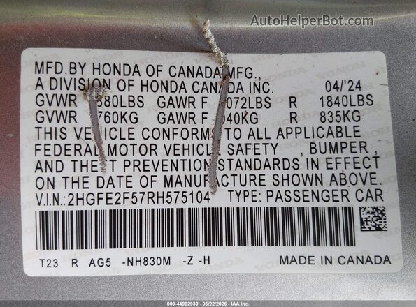 2HGFE2F57RH575104 2024 HONDA CIVIC Silver Widok komory silnika