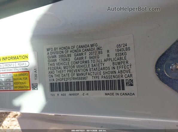 2HGFE2F57RH588967 2024 HONDA CIVIC White Շարժիչի բաժամունքի տեսք