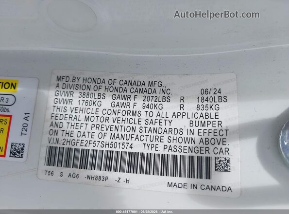 2HGFE2F57SH501574 2025 HONDA CIVIC White Vista del compartimento del motor