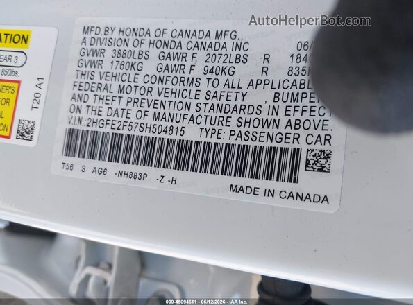 2HGFE2F57SH504815 2025 HONDA CIVIC White Вид підкапотного простору