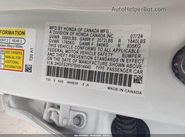 2HGFE2F57SH514440 2025 HONDA CIVIC White Շարժիչի բաժամունքի տեսք