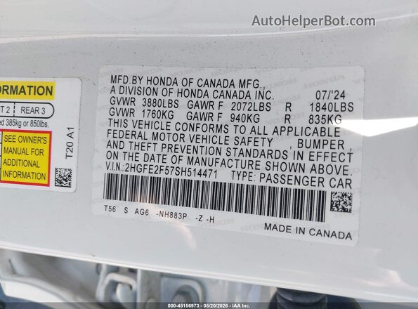 2HGFE2F57SH514471 2025 HONDA CIVIC White Շարժիչի բաժամունքի տեսք