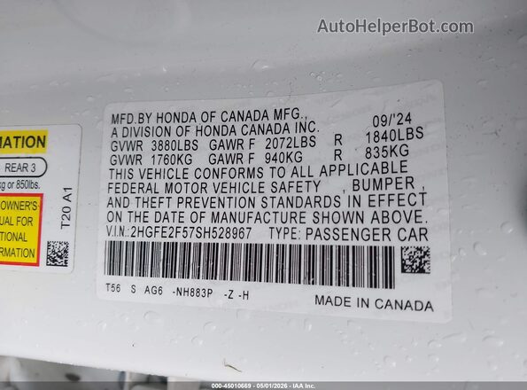 2HGFE2F57SH528967 2025 HONDA CIVIC White Engine compartment view