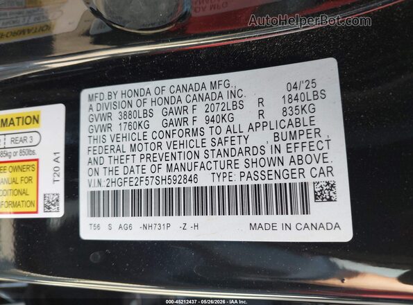 2HGFE2F57SH592846 2025 HONDA CIVIC Black Engine compartment view