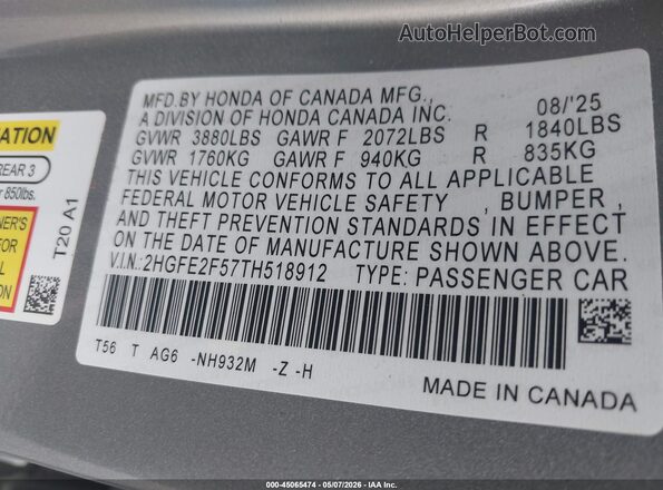 2HGFE2F57TH518912 2026 HONDA CIVIC Gray Engine compartment view