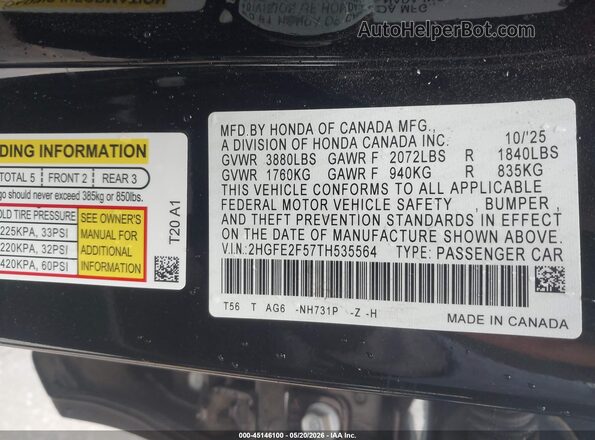 2HGFE2F57TH535564 2026 HONDA CIVIC Black Vista del compartimento del motor