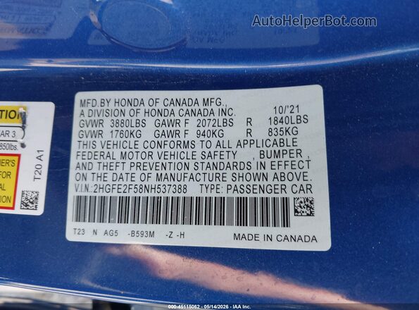 2HGFE2F58NH537388 2022 HONDA CIVIC Blue Engine compartment view