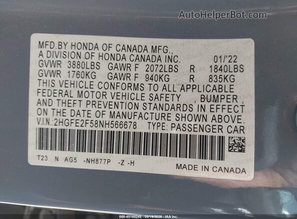 2HGFE2F58NH566678 2022 HONDA CIVIC Light Blue ძრავის განყოფილების ხედი