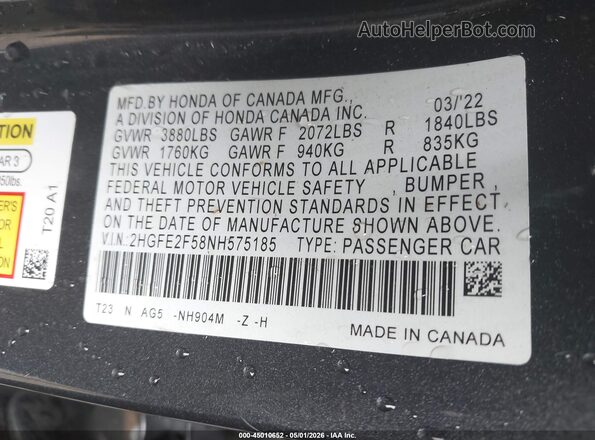 2HGFE2F58NH575185 2022 HONDA CIVIC Gray Vista del compartimento del motor