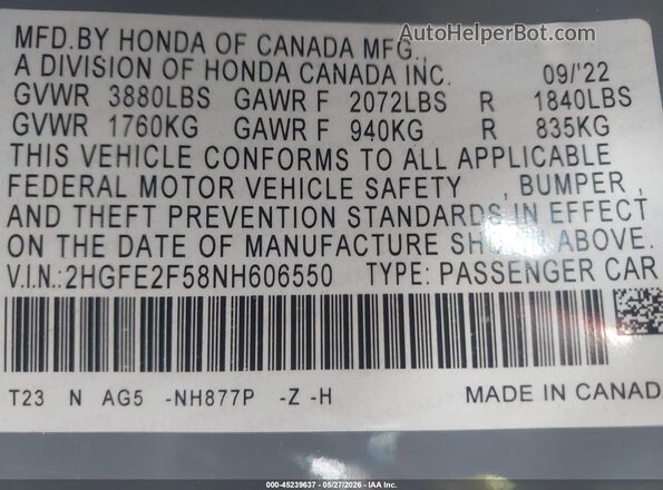 2HGFE2F58NH606550 2022 HONDA CIVIC Gray Engine compartment view