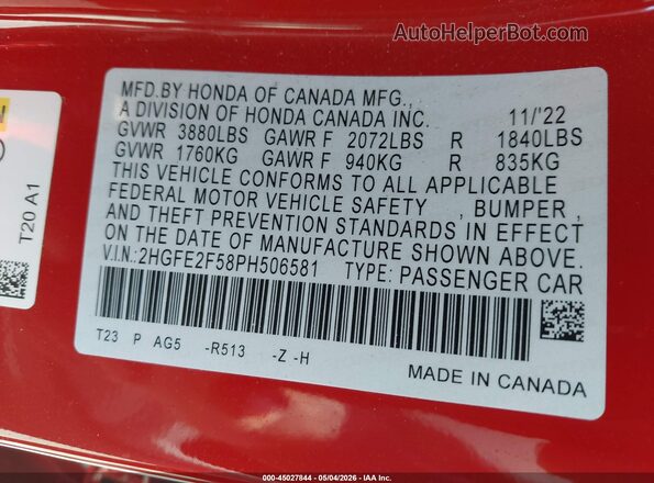 2HGFE2F58PH506581 2023 HONDA CIVIC Red ძრავის განყოფილების ხედი