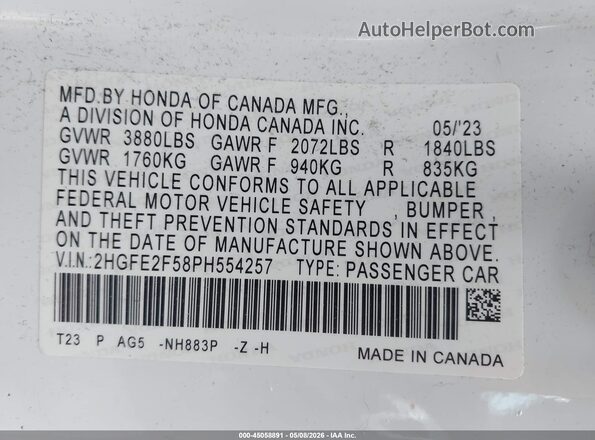 2HGFE2F58PH554257 2023 HONDA CIVIC White Widok komory silnika