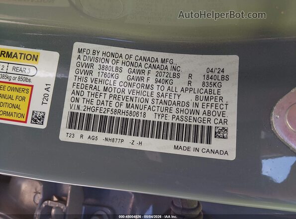 2HGFE2F58RH580618 2024 HONDA CIVIC Gray Widok komory silnika