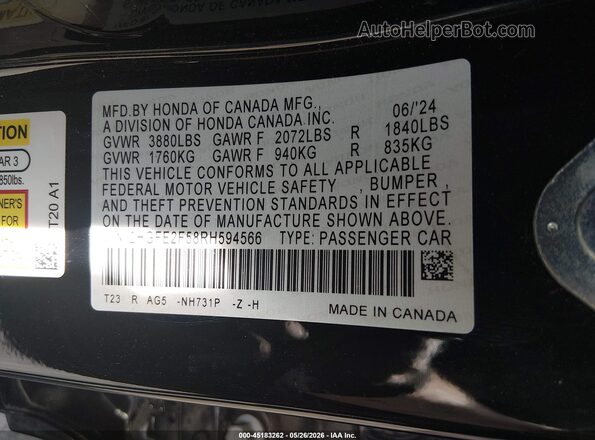 2HGFE2F58RH594566 2024 HONDA CIVIC Black Շարժիչի բաժամունքի տեսք