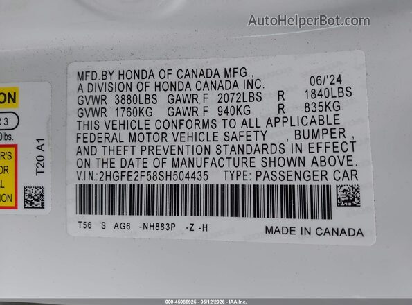 2HGFE2F58SH504435 2025 HONDA CIVIC Белый Вид подкапотного пространства