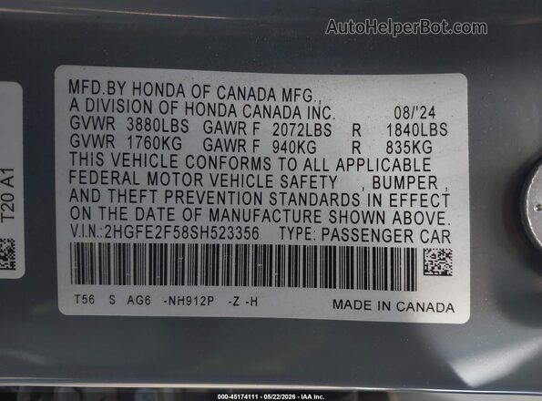 2HGFE2F58SH523356 2025 HONDA CIVIC Gray Widok komory silnika