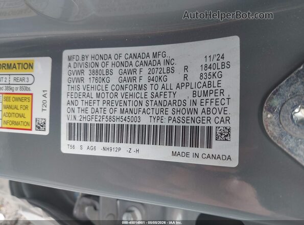 2HGFE2F58SH545003 2025 HONDA CIVIC Gray Շարժիչի բաժամունքի տեսք