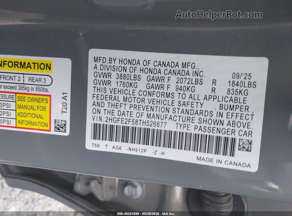 2HGFE2F58TH526677 2026 HONDA CIVIC Gray Engine compartment view
