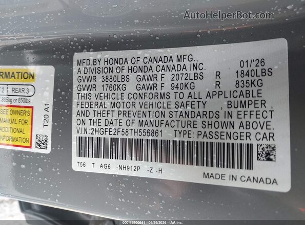 2HGFE2F58TH556861 2026 HONDA CIVIC Gray Вид підкапотного простору