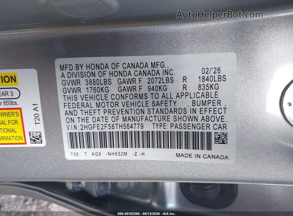 2HGFE2F58TH564779 2026 HONDA CIVIC Silver Vista del compartimento del motor