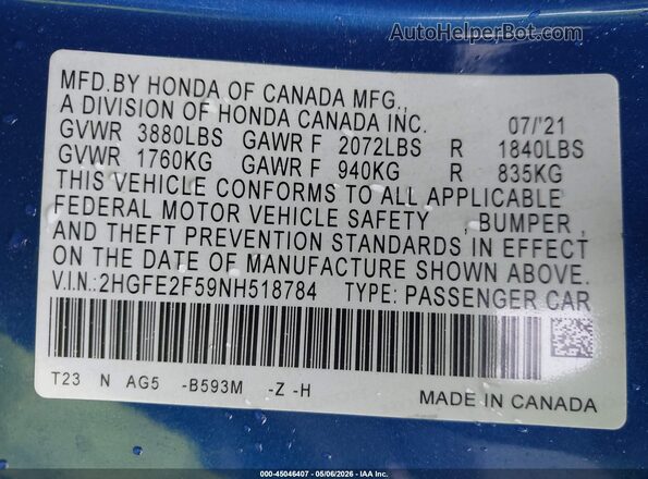 2HGFE2F59NH518784 2022 HONDA CIVIC Blue Widok komory silnika