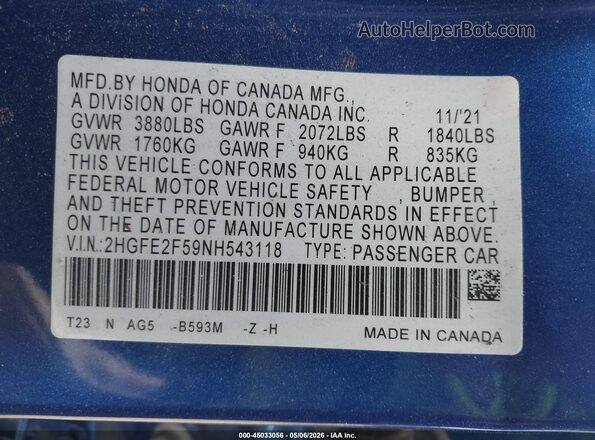 2HGFE2F59NH543118 2022 HONDA CIVIC Синий 