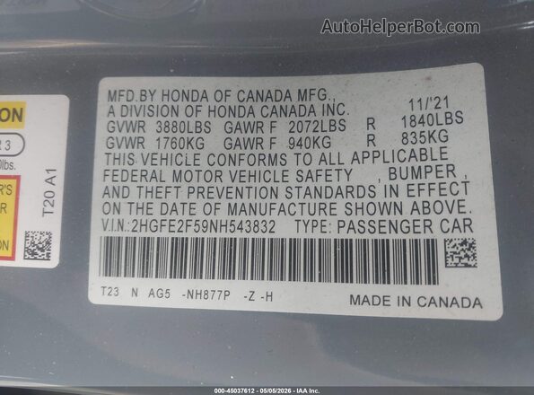 2HGFE2F59NH543832 2022 HONDA CIVIC Gray Շարժիչի բաժամունքի տեսք