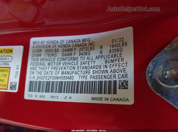 2HGFE2F59NH566480 2022 HONDA CIVIC Red ძრავის განყოფილების ხედი