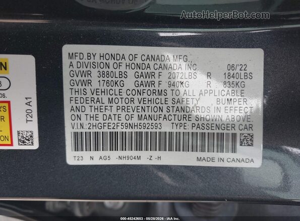2HGFE2F59NH592593 2022 HONDA CIVIC Gray ძრავის განყოფილების ხედი